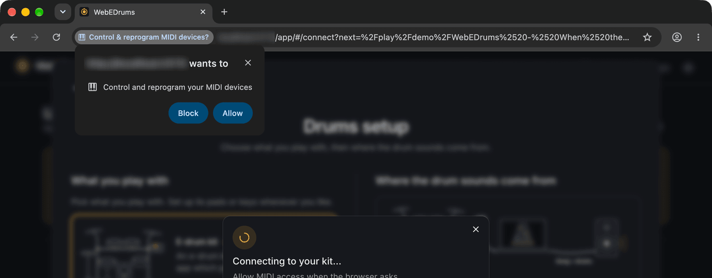 Chrome's permission prompt under the address bar: the site wants to control and reprogram your MIDI devices, with Block and Allow buttons.