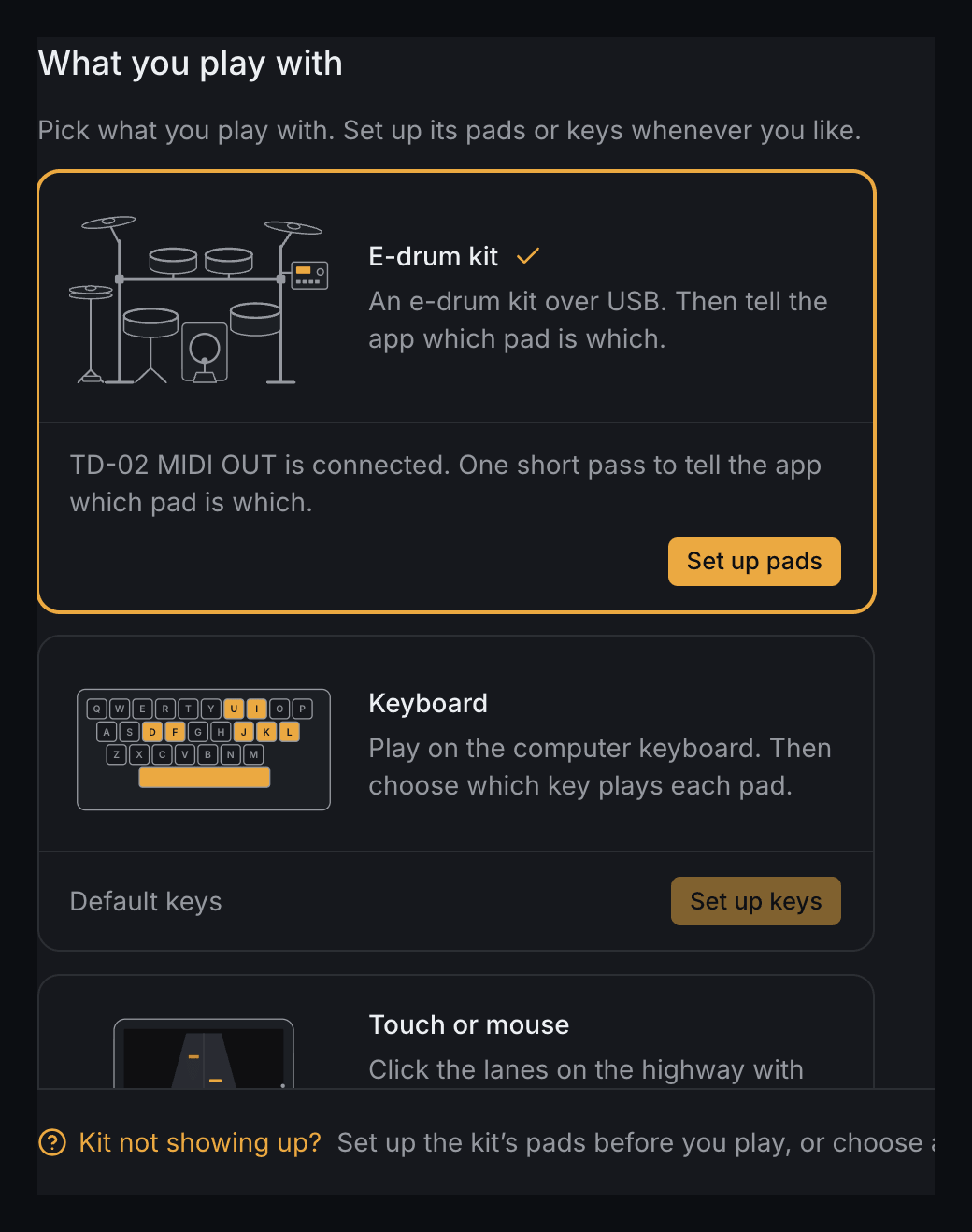 The E-drum kit card selected, saying TD-02 MIDI OUT is connected, with the Set up pads button.