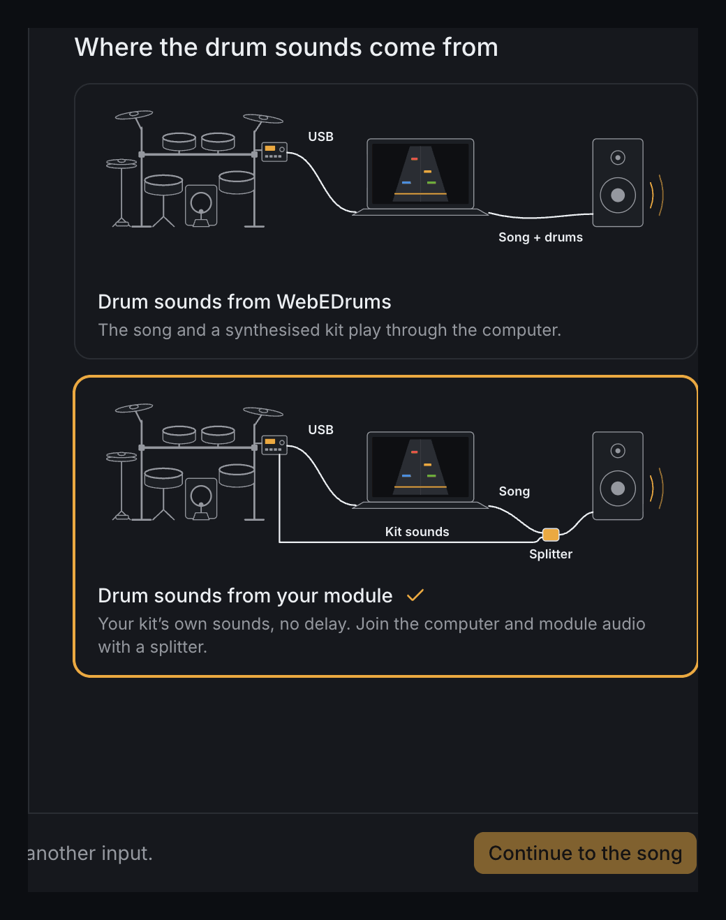 The two sound choices: drum sounds from WebEDrums, and drum sounds from your module joined to the song with a splitter.