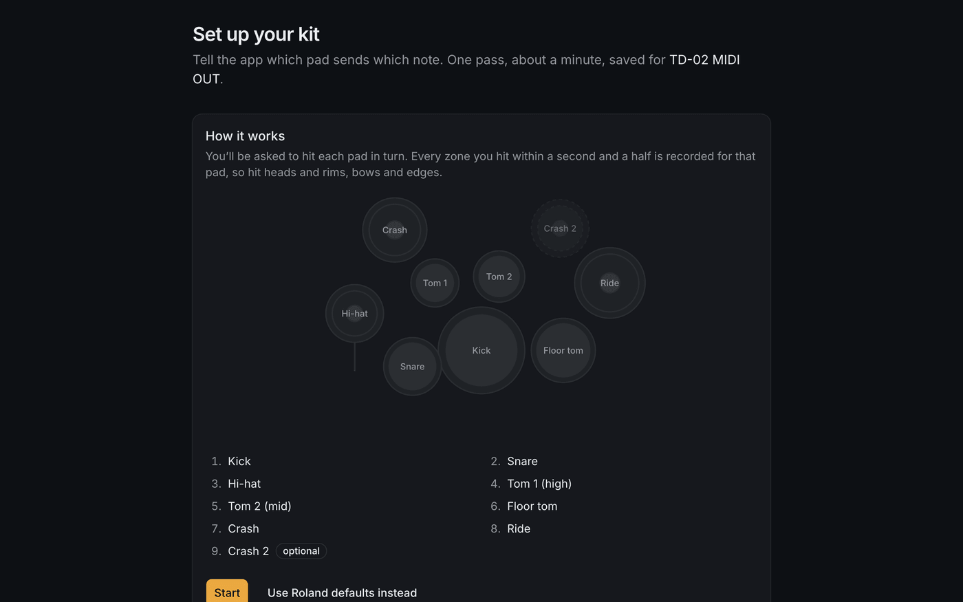 Set up your kit: how it works, the kit diagram, and the Start, and Use Roland defaults instead buttons.