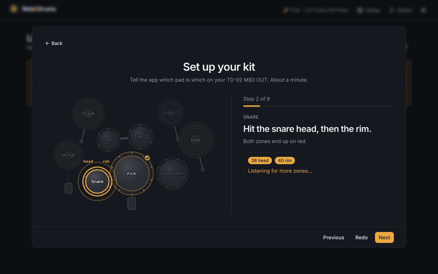 Step 2 of 9: hit the snare head, then the rim. Notes 38 head and 40 rim have been heard.