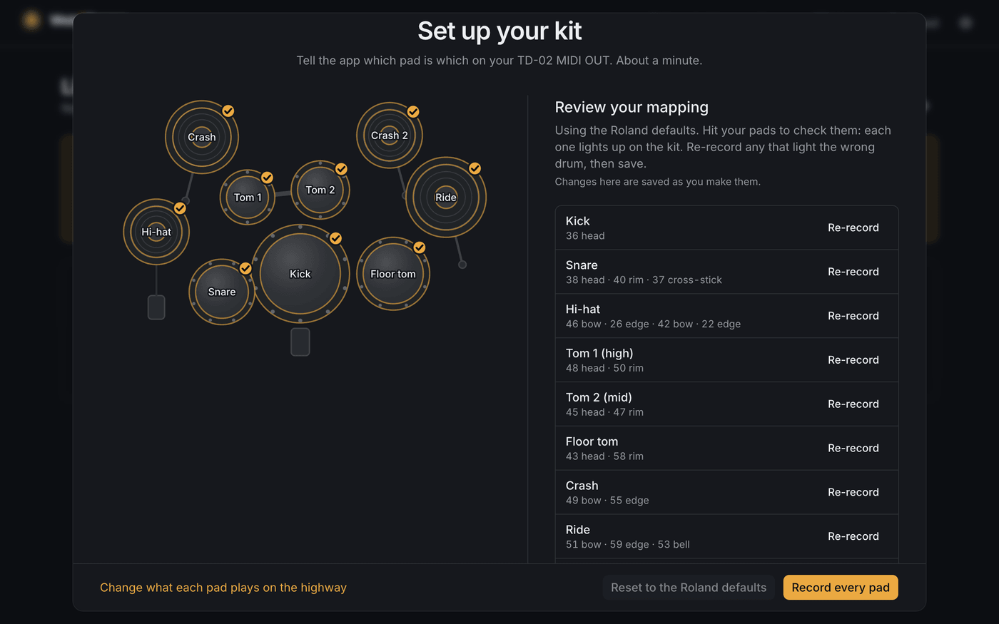 Review your mapping: every pad with its notes and the lane it plays on the highway.