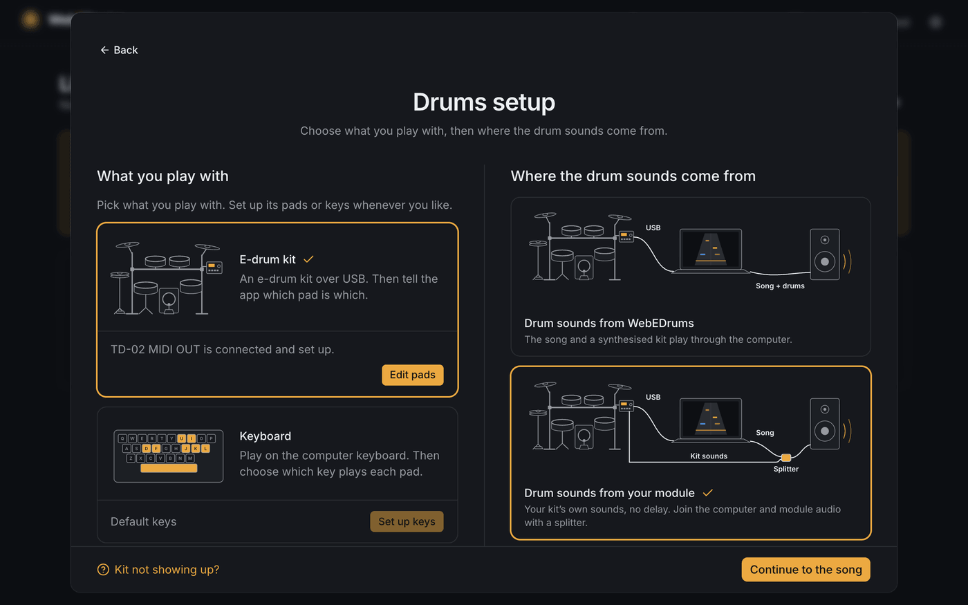 Drums setup with the TD-02 connected and set up, Edit pads on its card, and the Continue to the song button.
