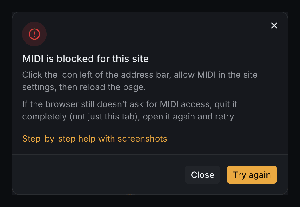 The E-drum kit card with an error: MIDI is blocked for this site, and how to fix it.