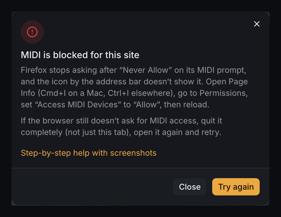 The E-drum kit card in Firefox: MIDI is blocked for this site, with the Page Info steps.