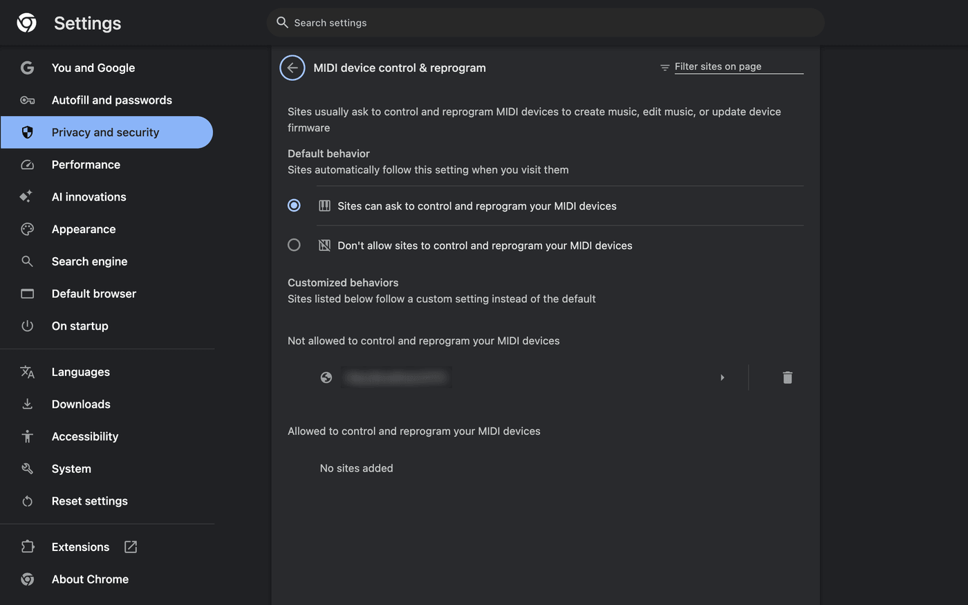 Chrome's MIDI device control and reprogram settings, with the site listed under Not allowed to control and reprogram your MIDI devices.