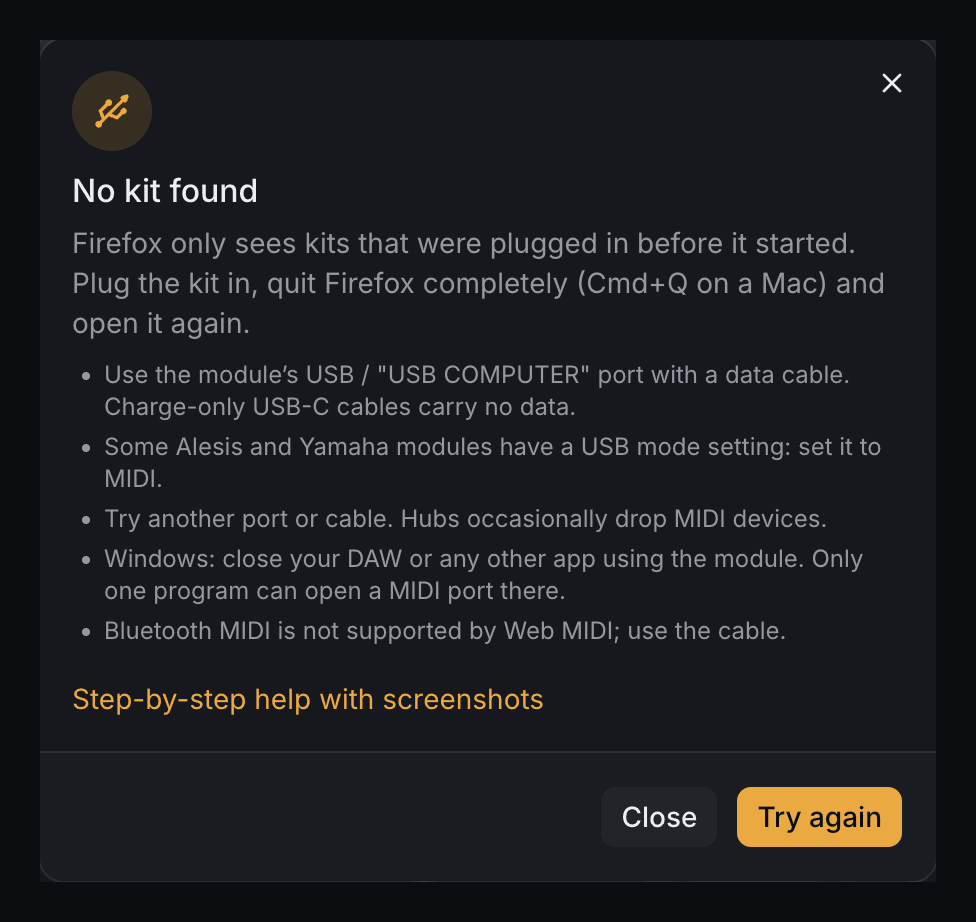 The E-drum kit card in Firefox: No kit found, Firefox only sees kits that were plugged in before it started, with a checklist.