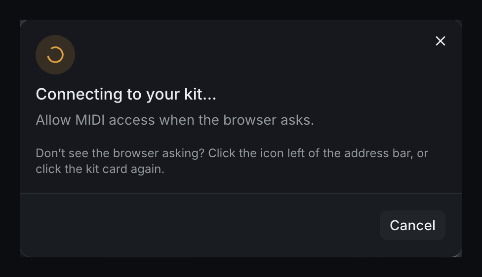 The E-drum kit card connecting, with a hint: click the icon left of the address bar, or click the kit card again.